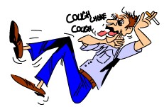 Caricature of man coughing on cigarette smoke
